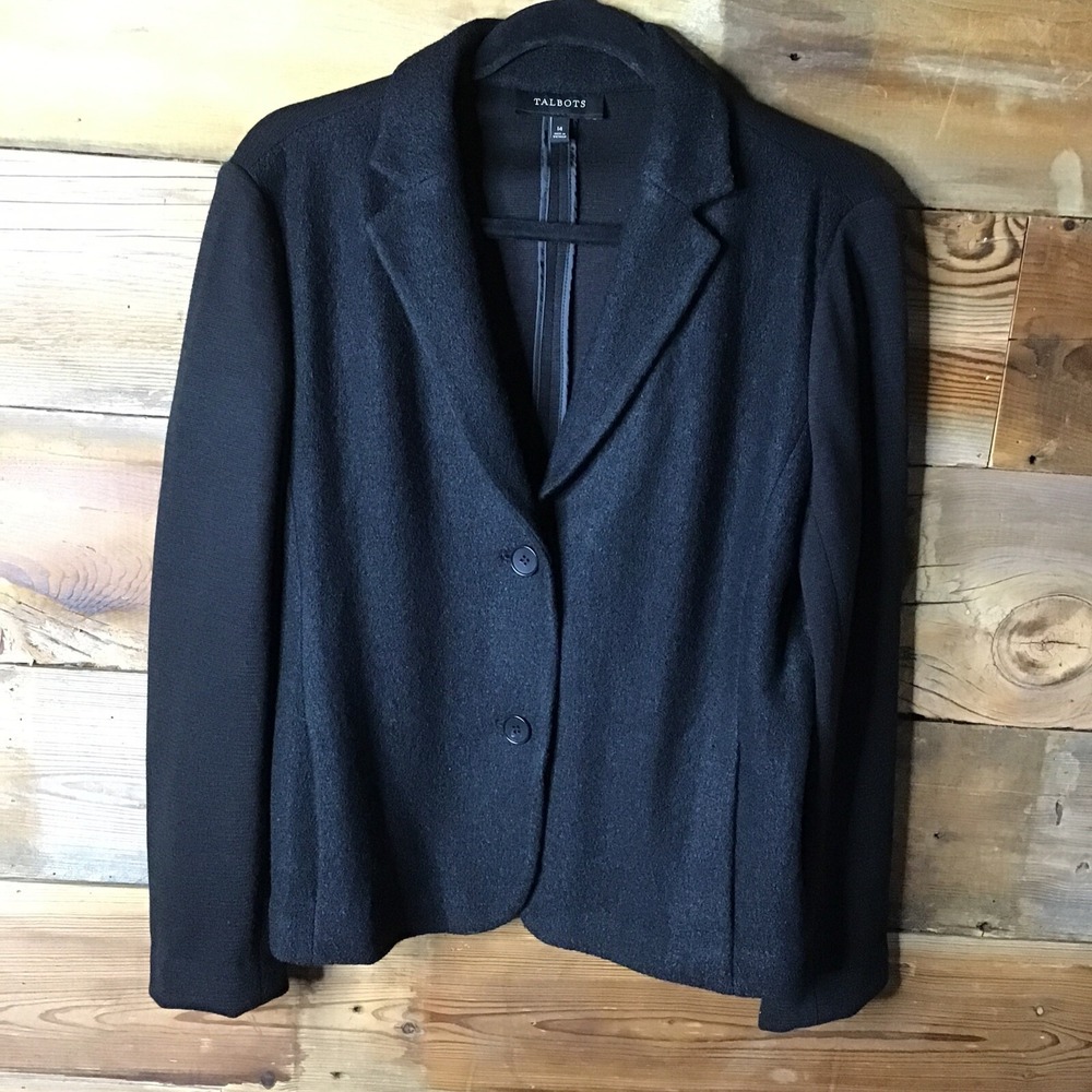 Talbots Black Boucle 2 Button Blazer Knit Back and Sleeves Size 14